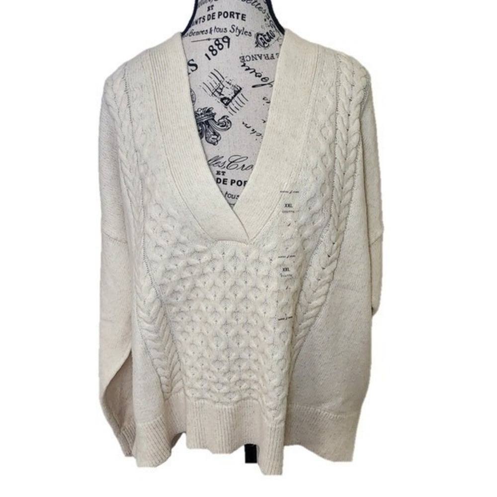 Nautica Women's Cream Cable Knit V Neck Boxy High Low Sweater Size XXL NWT